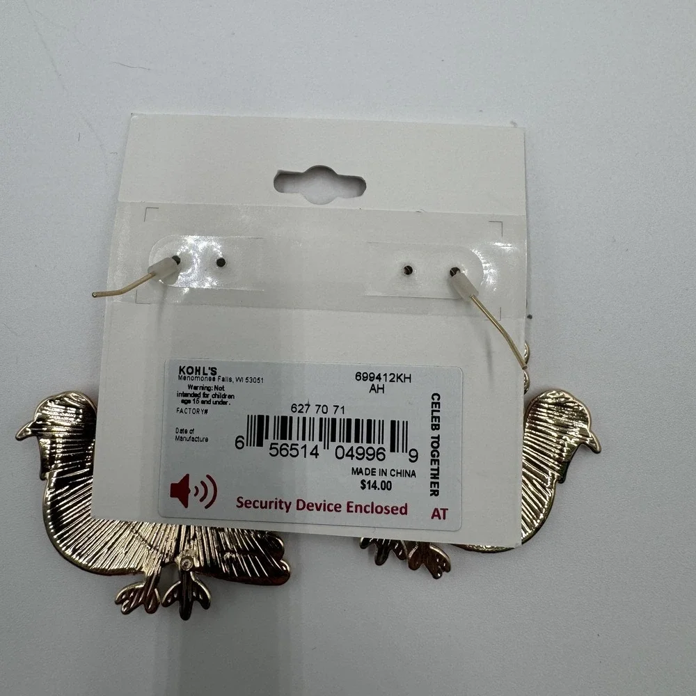 Thanksgiving Turkey Drop Earrings Enamel Fanned Tail Gold Tone Brown Orange NWT